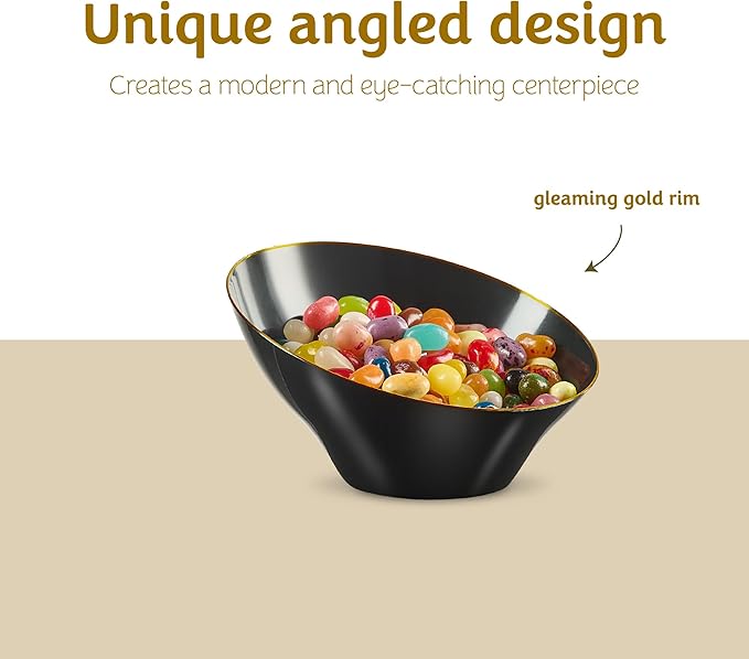 PLASTICPRO Angled Plastic Bowls Disposable Small Plastic Black Serving Bowls with Gold Rim for Party for Appetizer Salads Pack of 8