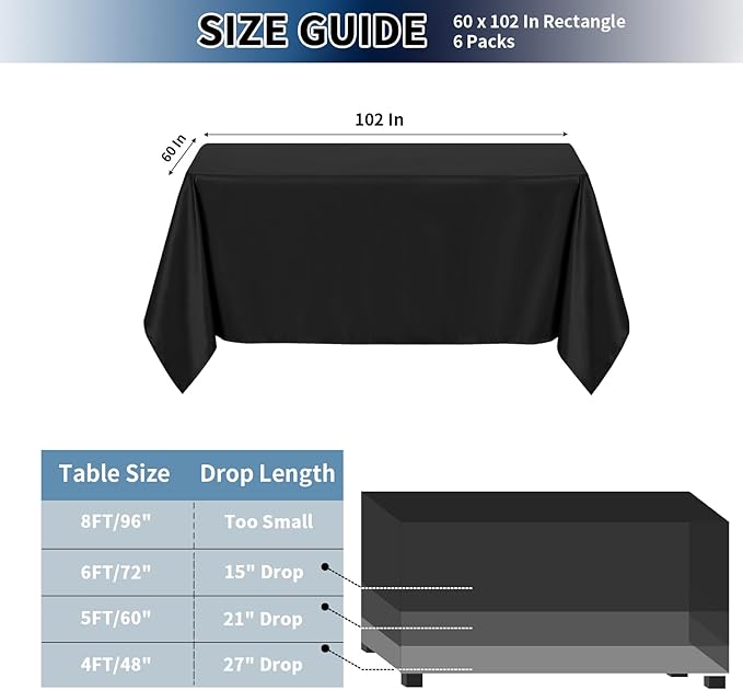 PureFit 6 Pack Rectangle Black Table Cloths 60 x 102 Inch for 6Ft Tables, Stain and Wrinkle Resistant Table Linens for Home Use, Wedding, Party, Banquet and Camping