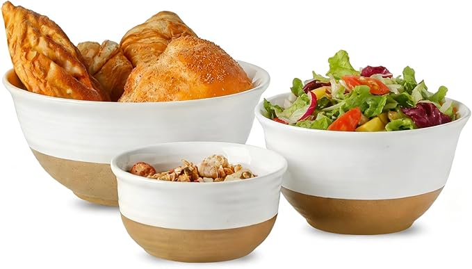 HASENSE Ceramic Mixing Bowls, Large Serving Salad Pasta Bowls Set, 2.1/1.0/0.5 Qt for Entertaining, White Nesting Batter Bowls for Prepping Baking, Dishwasher Microwave Safe, Set of 3