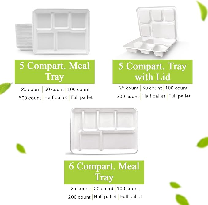 three leaf 6 COMPARTMENT BAGASSE TRAY 400 Ct. Heavy-Duty- Super Strong- Natural- Eco-Friendly Disposable Bagasse Plates, 100% Biodegradable 6 Compartment meal Plates