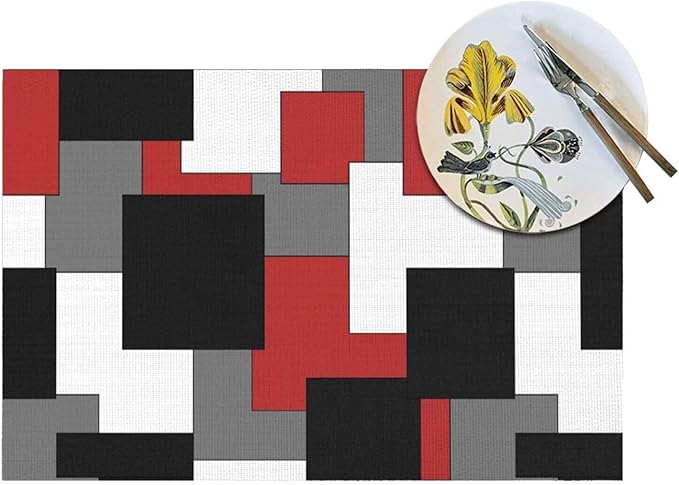 Red Black Grey White Placemats Set of 4 Abstract Modern Art Geometric Wipeable Table Mats Reusable Washable PVC Rectangle Place Mats for Kitchen Dining Home Decor 12x18 Inches