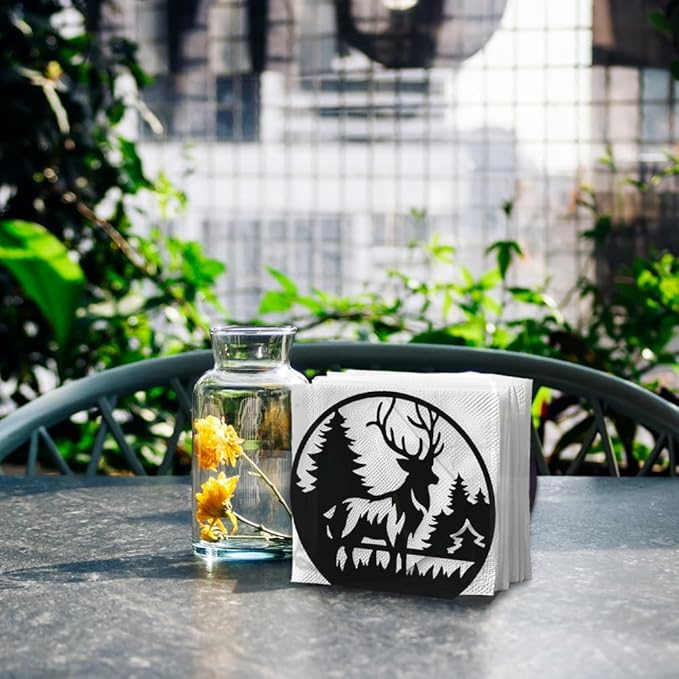 Deer Forests Decorative Black Metal Napkin Holder for Table, 5.3" x 4.8" x 2" Forest Animal Tree Standing Napkin Holder for Home Kitchen Restaurant Picnic Party Coffee Bar Dining Room