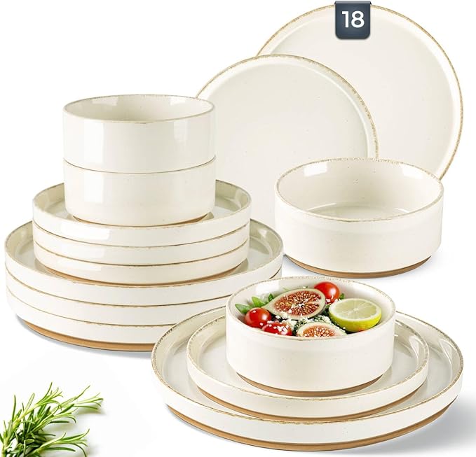 AmorArc Ceramic Dinnerware Sets for 6, 18 Pieces Handpainted Plates and Bowls Set with Rustic Terracotta Underside, Scratch Resistant Stoneware Dishes Set, Dishwasher & Microwave Safe