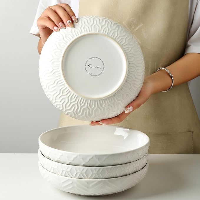 Sureasy 9.7" Pasta Bowls Set of 4-42 oz Large Salad Bowls for Kitchen, Embossed Ceramic Serving Bowls for Fruits, Soup, Pasta and Salad, Microwave & Dishwasher Safe, White