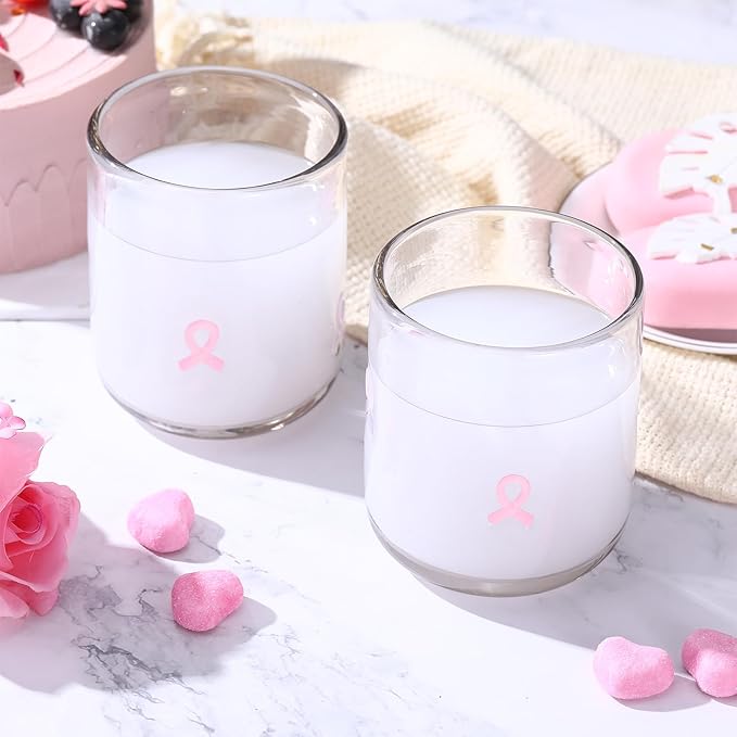 Icon Juice Glasses, 14oz Stemless Wine Drinking Juice Glass Cup for Valentine Party Supplies Gift(2 Pcs,Pink Cancer Ribbon)
