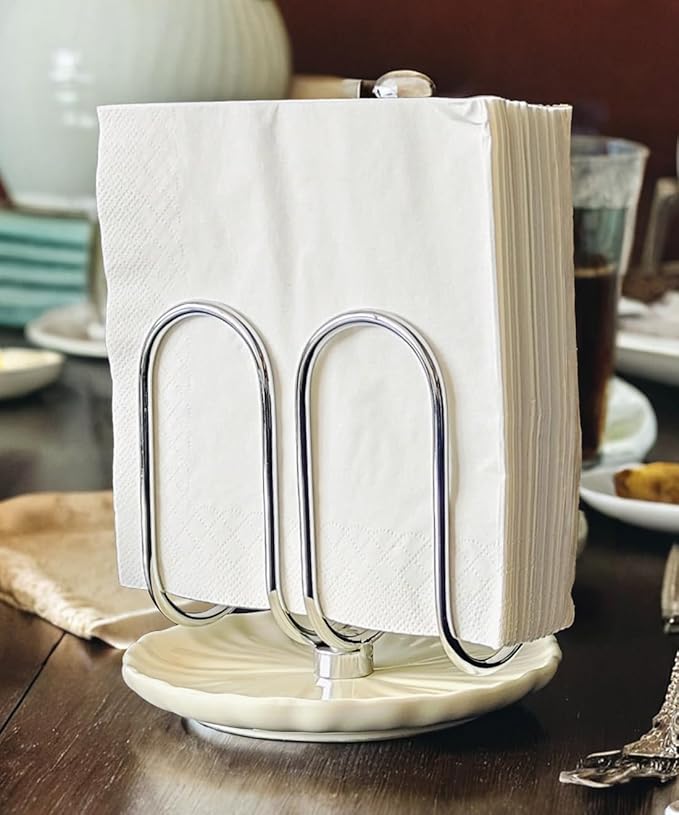 VROOMIUM Napkin Holder for Table, Effortless Cleaning Ceramic Base, 1 lb Weight, Silver Napkin Holders for Paper Napkins, Servilleteros para Mesas