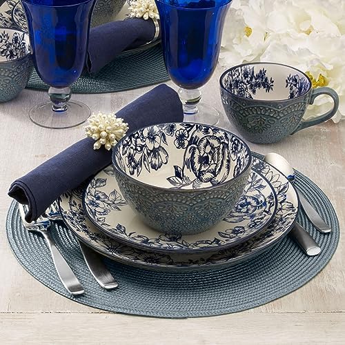 Pfaltzgraff Gabriela Blue 16-Piece Dinnerware Set, Service for 4, Durable Stoneware Plates, Bowls, and Mugs with Elegant Blue Pattern, Dishwasher Safe - Image 5