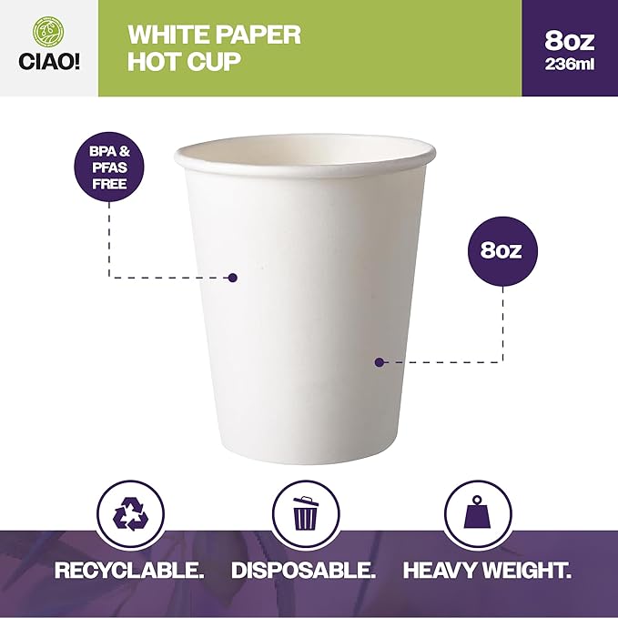 CIAO! 8oz White Paper Hot Cup, Disposable, 80mm Diameter 500 Count