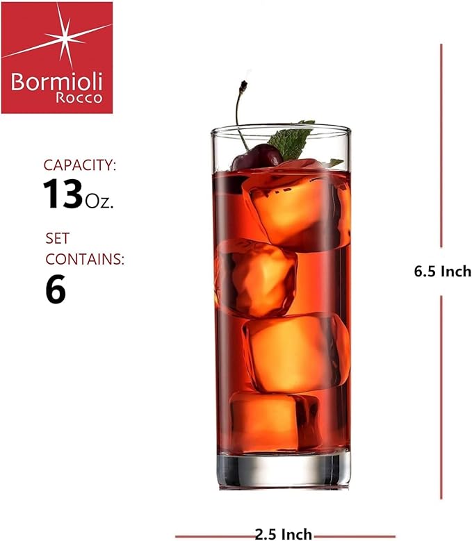 Bormioli Rocco Cortina 13.5 Oz Cooler Glass (Set of 6) - Elegant & Versatile Drinking Glasses for Soft Drinks, Long Drinks, Crushed Ice Beverages - Barware Essential, Dishwasher Safe Glassware