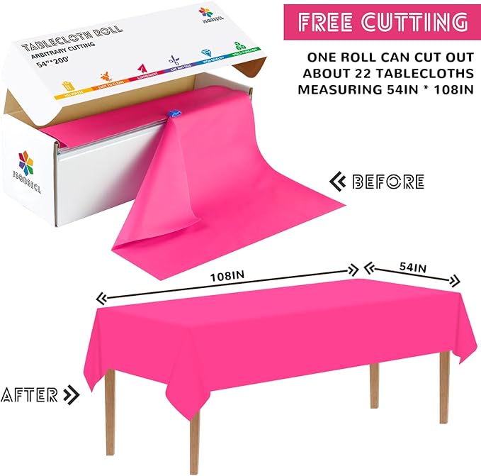 54 Inch X 200 Feet Plastic Table Cover Roll with Convenient Slide Cutter, Disposable Plastic Table Cloth Roll with Cut-to-Size Design for Weddings, Banquets, Parties (Fuchsia)