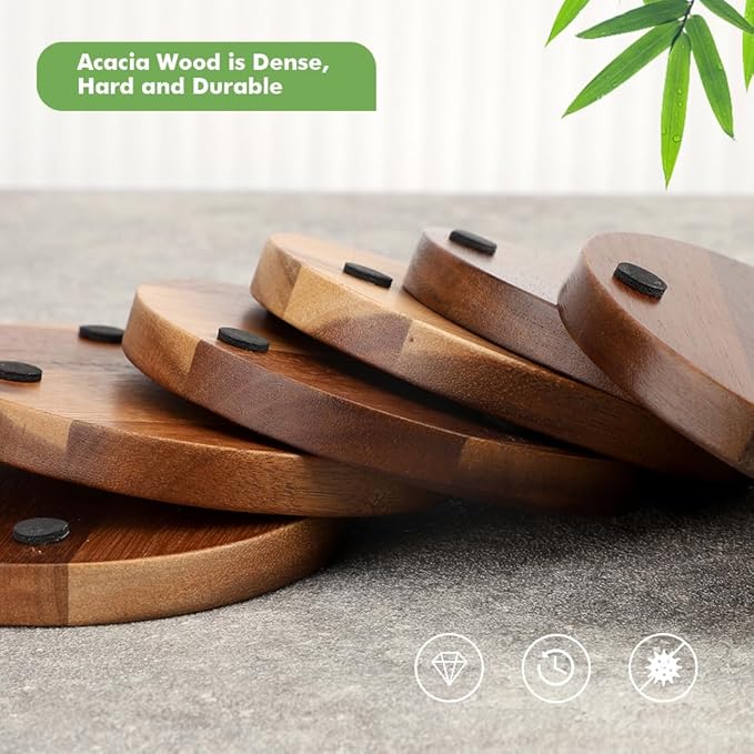 Wood Cork Coasters for Drinks Absorbent with Holder, WLWNWFT Acacia Wood Coaster Sets Rustic Farmhouse for Coffee Table Dining Table Wooden Table Coasters for Desk, Set of 6 4.33in