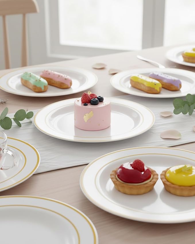 bUCLA 100Pieces Gold Plastic Plates - 6.25inch White with Gold Rim Disposable Salad/Dessert/Appetizer/Small Cake Plates Premium Hard - Ideal for Wedding, Party