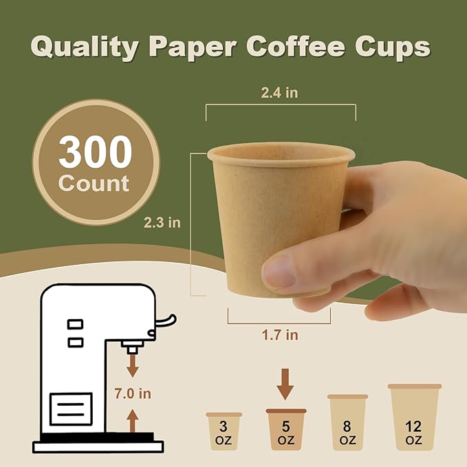 5 oz 300 Pack Disposable Coffee Cups, Bulk Brown Disposable Paper Cups, Coffee Cups for Hot Tea, Chocolate and Cold Drinks