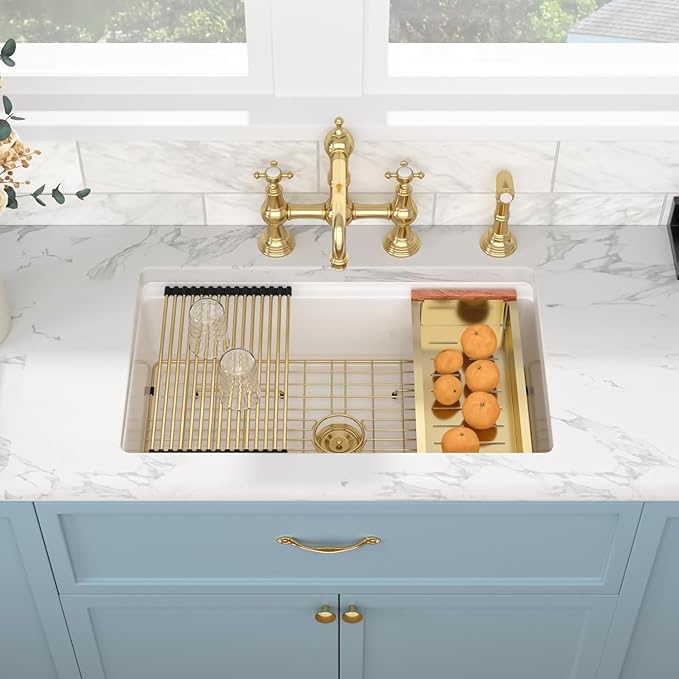 Sarlai 33 Inch White Undermount Sink Workstation - 33 x 19 Inch White Kitchen Sink Drop In Single Bowl Ledge Workstaion Topmount Sinks Fireclay Ceramic Sinks Basin With Gold Accessories