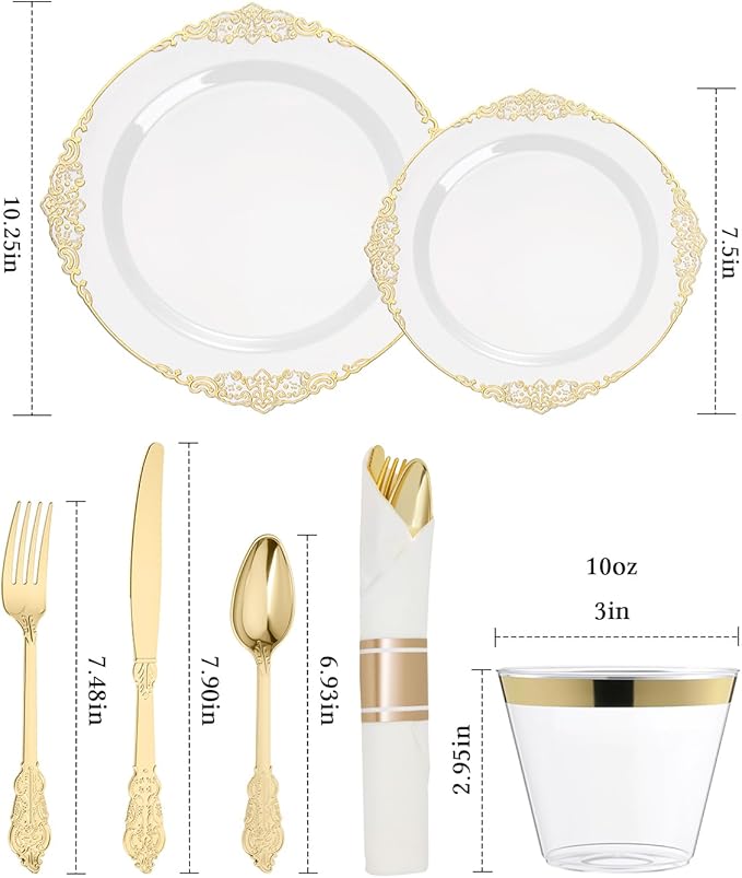 Goodluck 350 Piece Gold Plastic Dinnerware Set for 50 Guests, Fancy Disposable Plates, Include: 100 Gold Rim Plastic Plates, 150 Silverwares, 50 Pre Rolled Napkins, 50 Cups for Party, Wedding