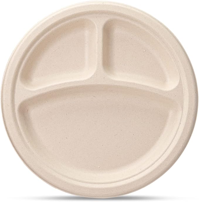 GUSTO [Case of 500 9 Inch Heavy-Duty 100% Compostable, 3 Compartment Eco-Friendly, Kraft Disposable Sugarcane Paper Plates - Brown Unbleached (Formerly Comfy Package)