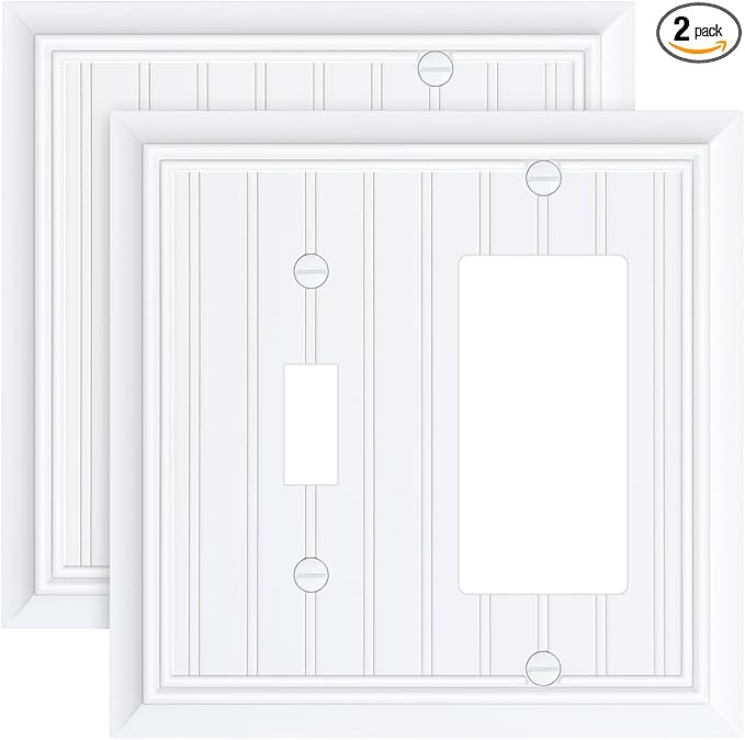 2-Pack Classic Beadboard Combo Toggle/Decorator Light Switch Cover Plate, Pure White Decorative Electrical Outlet Covers, Durable Natural Bamboo Fiber Switch Plates and Outlet Covers