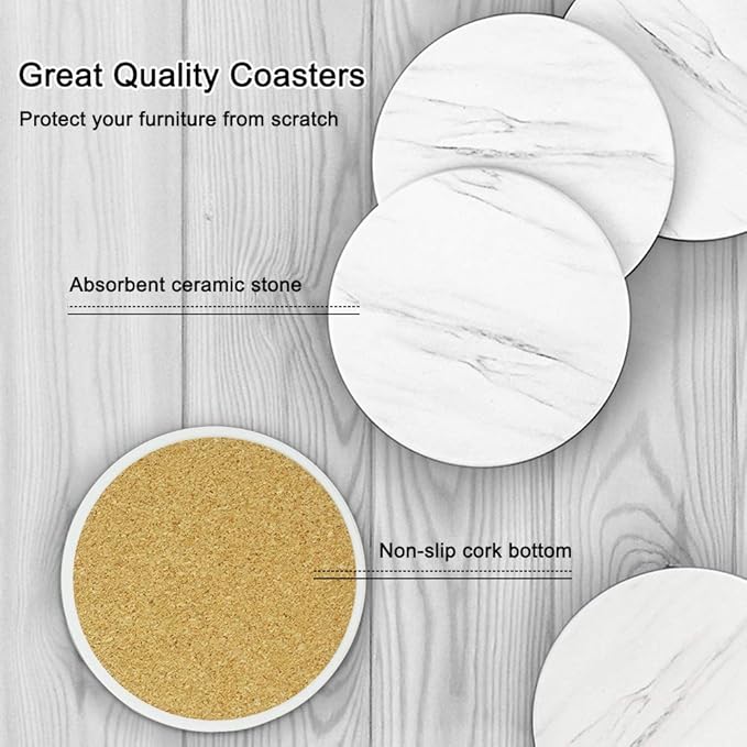 EAGMAK Set of 8 Coasters for Drinks, Absorbent Marble Style Ceramic Drink Coaster with Holder for Coffee Wooden Table Home Decor (White)