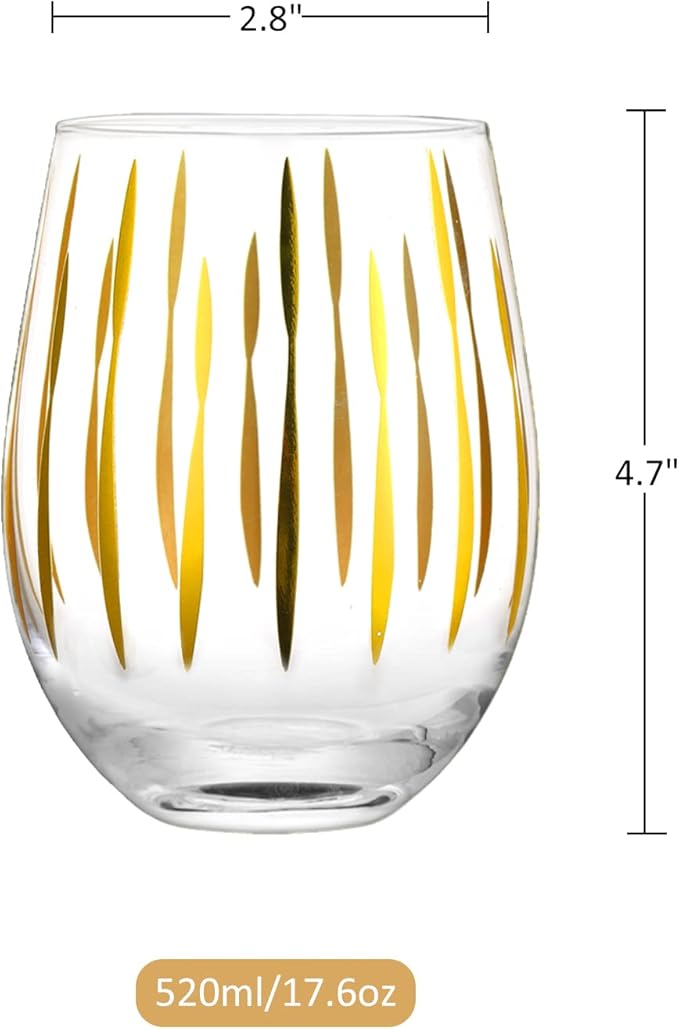 Joeyan Hand Blown Stemless Wine Glasses with Gold Dots Swirls Grids Strips Pattern for Red White Wine,Large Drinking Glass Cups,Wine Glass Tumblers for Wedding Party Home,Set of 4,17.5 oz