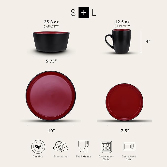 SERVICE FOR 4 - Total of 16 pieces including 8 dinner plates (10”), 4 salad plates (7.5”), 4 bowls (5.75”), and 4 mugs (12 oz), making it the perfect set to service 4 people