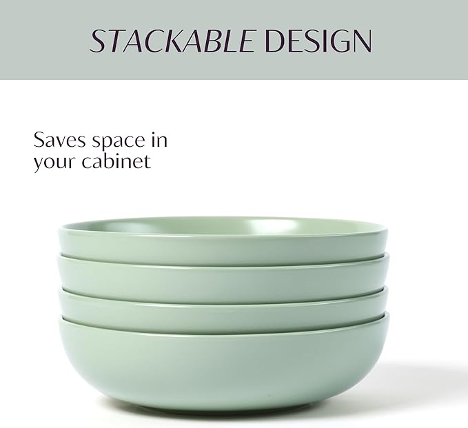 Ceramic Pasta Bowls Set of 4 – 40oz Extra Large Dinner Bowls, Deep Plates Salad Bowl for Eating, Pasta Plates, Stoneware Shallow Bowl Plate Set, Dishwasher & Microwave Safe - Green