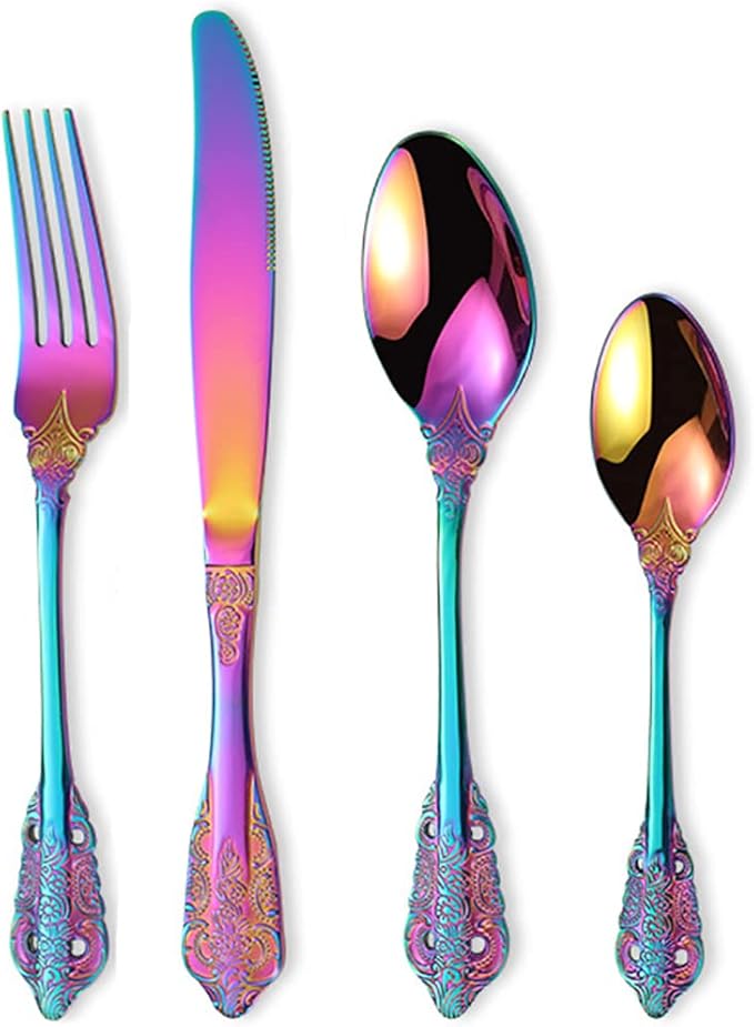 Vintage Colorful Silverware Flatware Set for 6, European Classic Style 24 Pieces Stainless Steel Tableware Cutlery Set,Fine Kitchen Utensils for Wedding Restaurant Hotel Christmas
