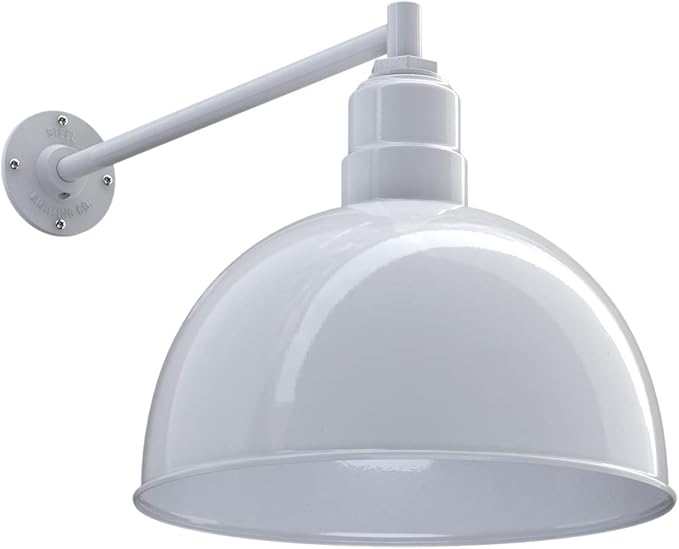 Steel Lighting Co. Hollywood Bowl Light | Outdoor Wall Mounted | 15 inch Bowl Dome | 20 inch Straight Arm | Barn Light Made in America | White Exterior/White Interior