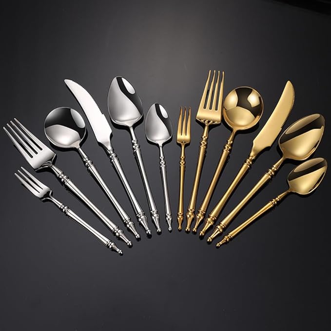 Gold Silverware Set for 16 Premium 18/10 Stainless Steel Flatware Set 64 Piece Include Knives Forks and Spoons Cutlery Utensils Light Luxury Vintage Style for Home Kitchen Christmas Restaurant