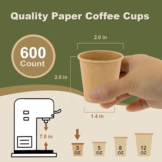 3 oz 600 Pack Disposable Coffee Cups, Bulk Brown Disposable Paper Cups, Coffee Cups for Hot Tea, Chocolate and Cold Drinks