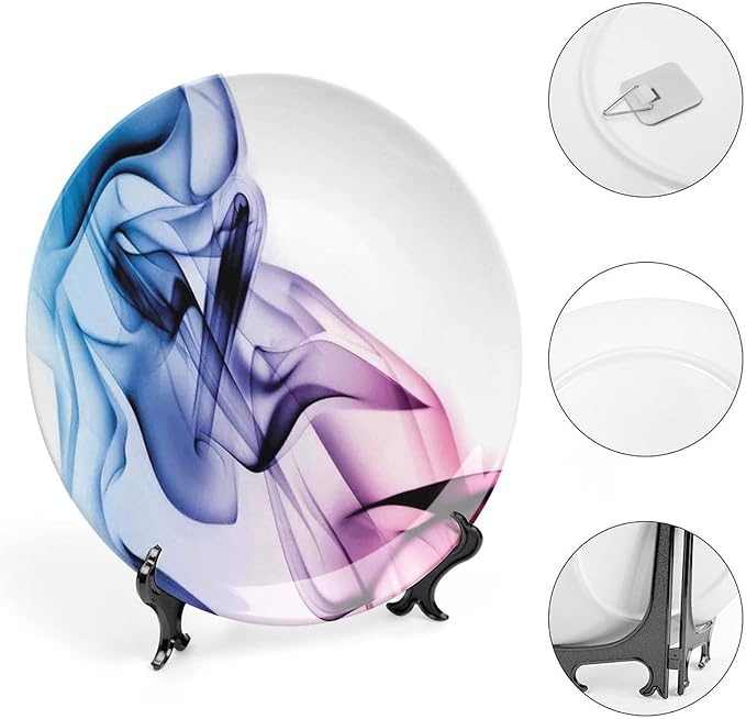 Ceramic Plates, Abstract Decor Decorative Ceramic Plates, Colorful Smoke Dynamic Flow Swirl Contemporary, 8 Inch, for Dining, Parties, Wedding, Fuchsia Blue