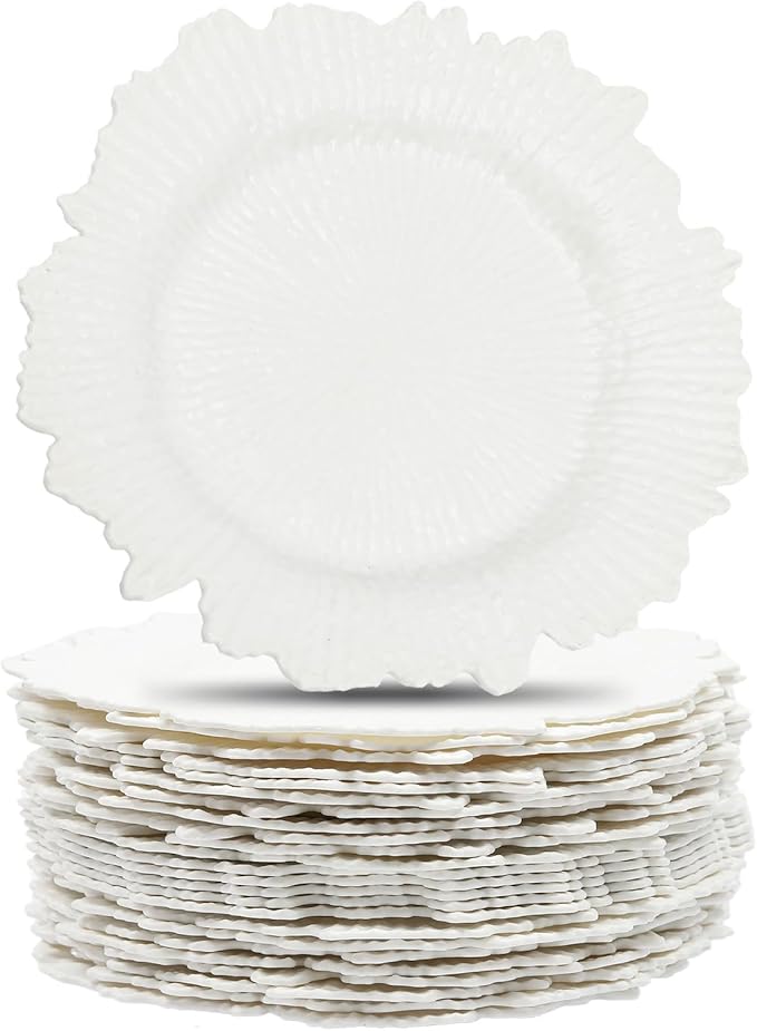 LOYALHEARTDY 24 Pack 13 Inch White Charger Plates, Plastic Reef Textured Rim Round Decorative Underplates for Wedding, Party, Dinner Table
