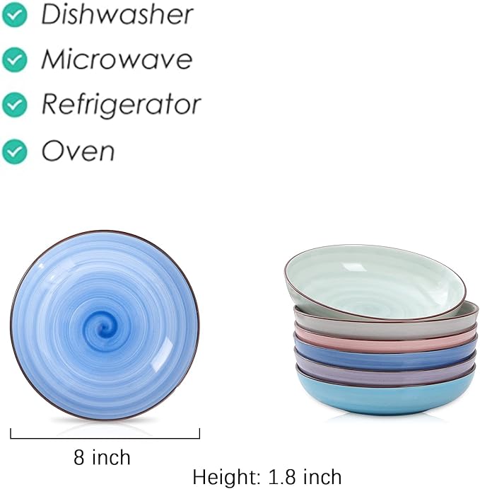 Selamica Porcelain 26 Ounce Salad Pasta Bowls, 8 inch Wide and Shallow Serving bowls, Microwave & Dishwasher Safe, Sturdy & Stackable, Set of 6, Gradient Color
