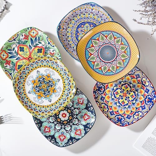 Boho Ceramic Dessert Plates Set of 6, 7.3 Inch Square Appetizer Plates - Image 4