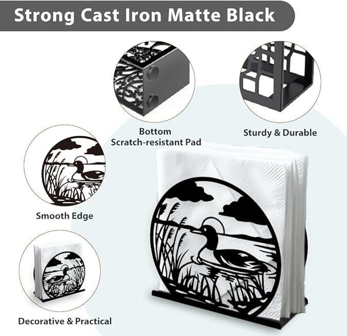 Mallard Duck Decorative Black Metal Napkin Holder for Table, 5.3" x 4.9" x 1.9" Duck Animal and Reed Standing Napkin Holder for Home Kitchen Restaurant Picnic Party Coffee Bar Dining Room