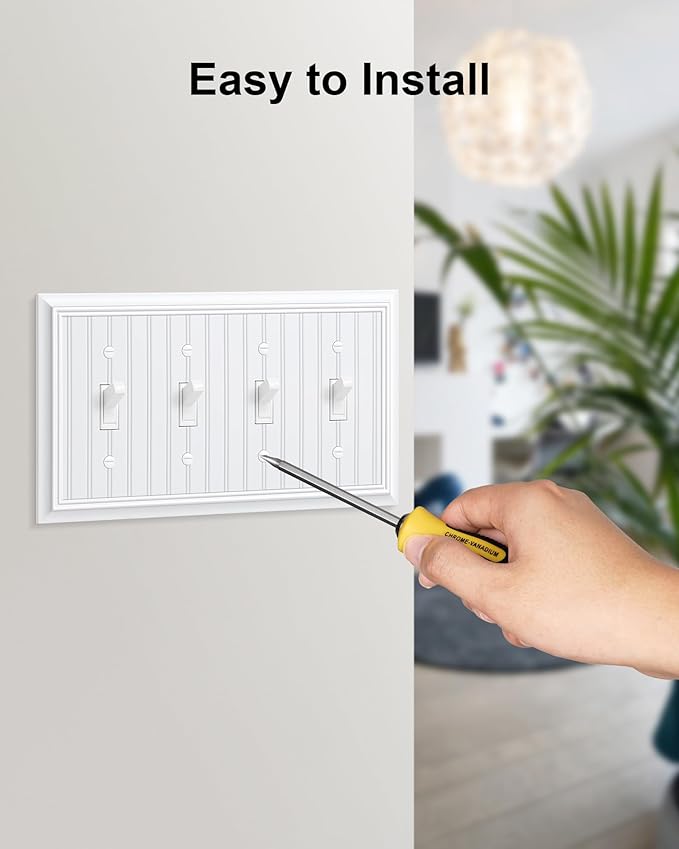 2-Pack Classic Beadboard Quad Toggle Light Switch Cover Plate, Pure White Decorative Switch Plate Covers, Natural Bamboo Fiber 4 Gang Wall Plate for Toggle Light Switch and Rotary Dimmer Switch