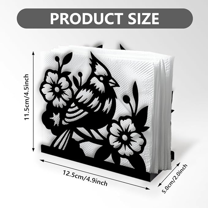 Cardinal Bird Decorative Black Metal Napkin Holder for Table, 4.9" x 4.5" x 1.9" Bird Flower Standing Napkin Holder for Home Kitchen Restaurant Picnic Party Coffee Bar Dining Room