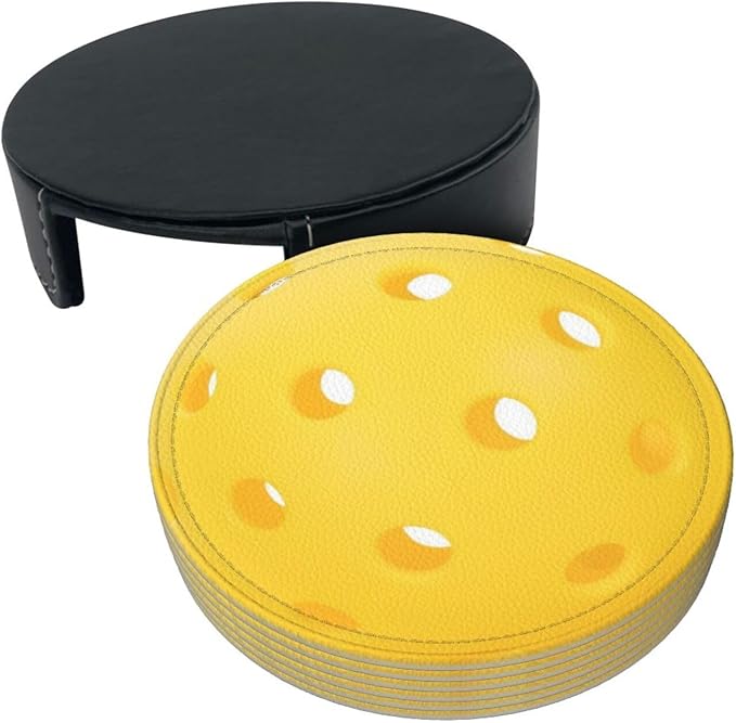 Pickleball Coasters for Drinks with Holder Round Leather Coasters Set of 6 Cups Mugs Mat Pad for Home Kitchen Bar