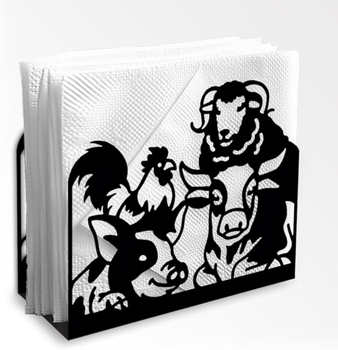 Farm Animals Decorative Black Metal Napkin Holder for Table, 5.3" x 4.5" x 2" Pig Sheep Chickens Cow Standing Napkin Holder for Home Kitchen Restaurant Picnic Party Coffee Bar Dining Room