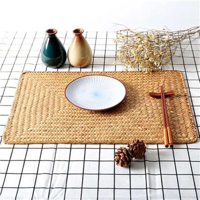 Natural Woven Rattan Rectangular Placemats for Dining Table (Set of 6, 18x12inches)