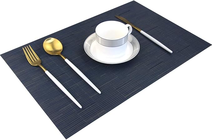 Placemats for Dining Table Woven Vinyl Place Mats Wipe Off Plastic Placemats Stain Resistant Table Mats Set of 6 （Bamboo Navy）
