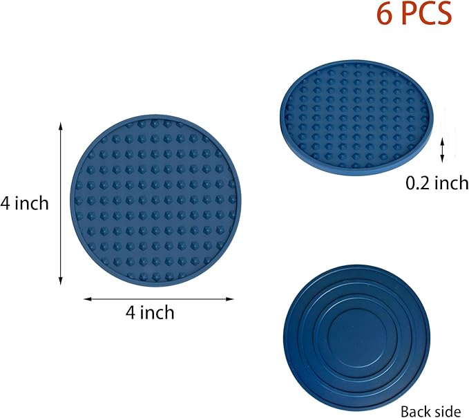 Set of 6 Silicone Coasters, 4'' Drink Coaster with Holder, Round Coasters for Drinks Beer Coffee Home Office Bar Desk Tabletop Protection, Non-Slip Rubber Coaster (Navy Blue, 6 Pcs-Plastic Holder)