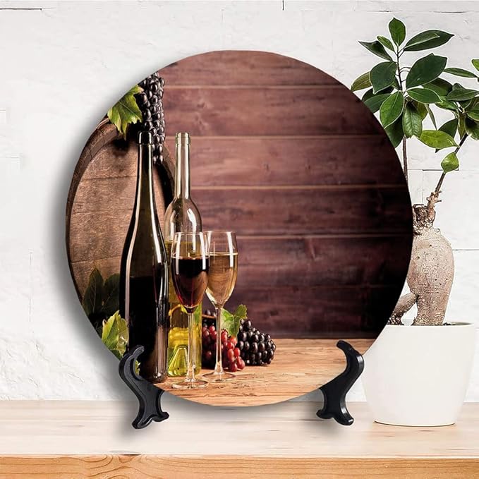 Ceramic Display Plate, Wine Ceramic Hanging Decorative Plate, Still Life of Wine with Wooden Keg Rustic, 10 Inch, Household Custom Ceramic Plate, Brown Green Light Brown