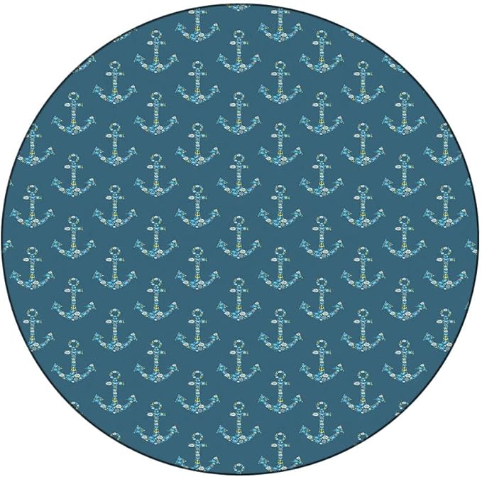 Round Vinyl Fitted Tablecloth, Nautical Print Polyester Table Cloth, Anchors Maritime Theme Decor, Fit Round Tables 48inch Diameter, for Dinner Kitchen Party Decoration, Petrol Blue Beige