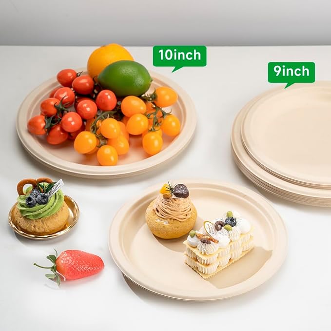 RACETOP Compostable Paper Plates 9 Inch [500 Pack], Disposable Biodegradable Heavy Duty Paper Plates, Made of Natural Sugarcane Fibers, Unbleached Brown, Round