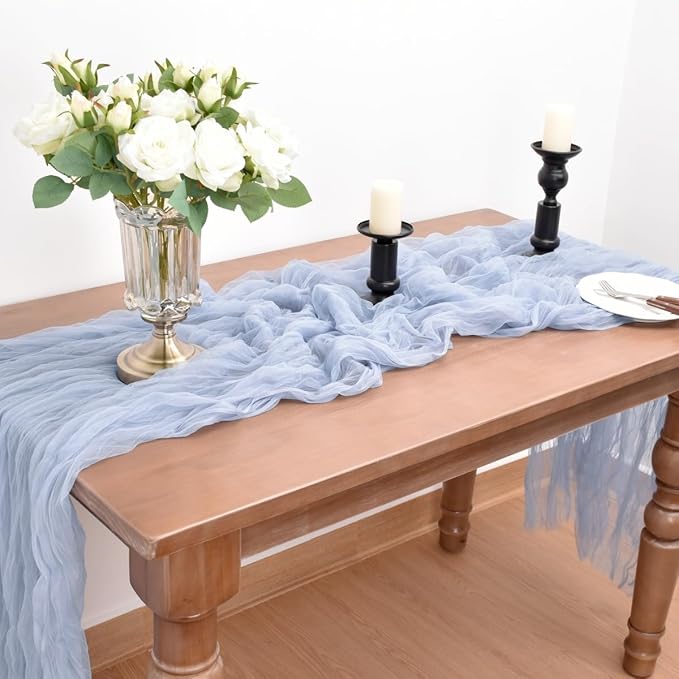 Joanlody Blue Cheesecloth Table Runner Spring Easter 10Ft Rustic Gauze Boho Cheese Cloth Table Runner for Wedding Bridal Baby Shower Decoration 4 Pack