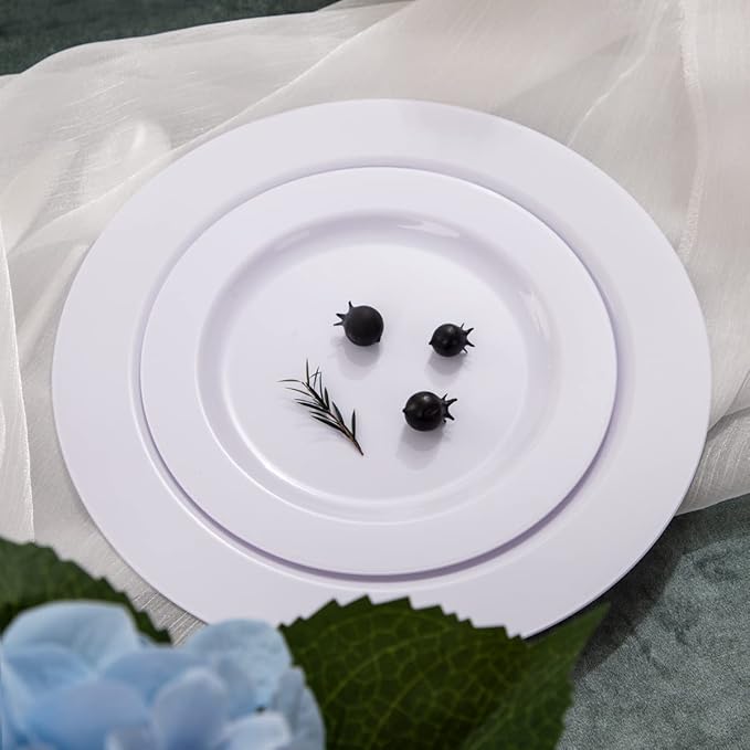 FLOWERCAT 100PCS White Plastic Plates-Heavy Duty White Disposable Plates for Christmas/Easter/Party/Wedding -Serve 50 guests 10.25inch & 7.5inch