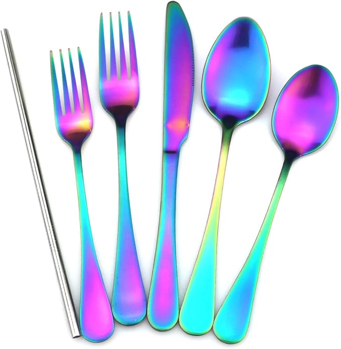 JASHII Modern Royal 5 Pcs Matte Rainbow 18/10 Stainless Steel Utensils Cutlery Dinnerware Set w/Drinking Straw, Knife Fork and Spoon Flatware Set for Wedding Festival Christmas Party Service for 1