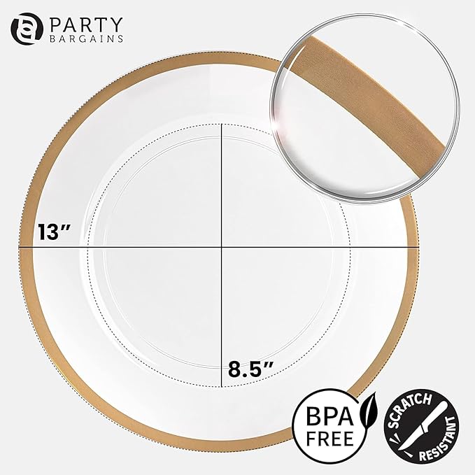 PARTY BARGAINS 13-Inch Charger Plates - 16 Pack, Clear Gold Rim, Heavy-Duty Disposable Chargers for Elegant Dining - Ideal for Weddings and Formal Events