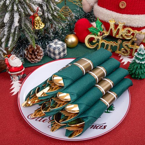 Supernal 30 Pack Pre Rolled Gold Plastic Silverware with Green Napkins - Image 5