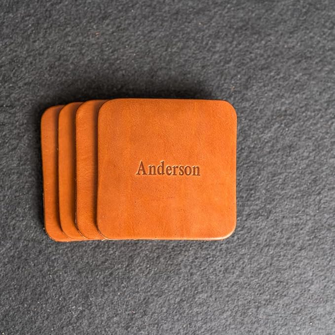 Ox & Pine Personalized Leather Coaster - Sold Individually or in Sets of 4 - Customize Inscription - 100% Full-Grain Leather – 4" Round or 4" Square (Square, Harvest, Set of 4 Coasters)